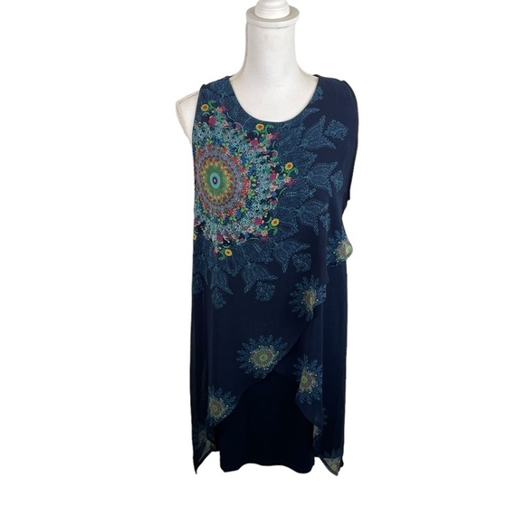Desigual | Navy Chiffon Overlay Sleeveless Logo Dress - Picture 1 of 11